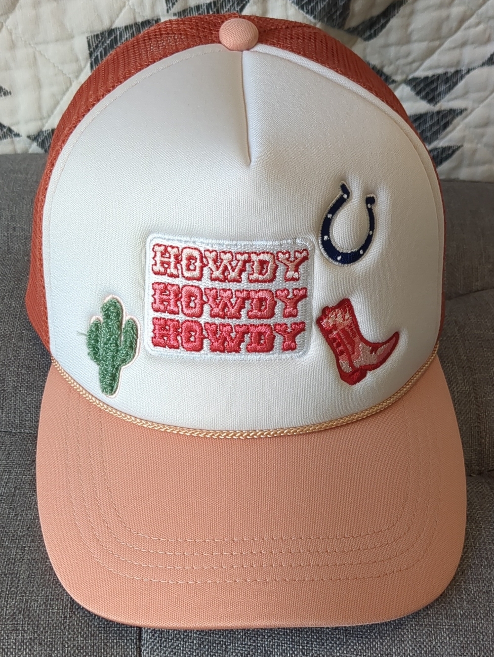 'Howdy' Patch Trucker Hat - Peach & White Mesh, Snapback